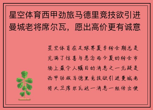 星空体育西甲劲旅马德里竞技欲引进曼城老将席尔瓦，愿出高价更有诚意 - 副本