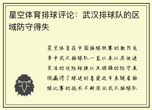 星空体育排球评论：武汉排球队的区域防守得失