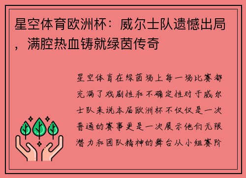 星空体育欧洲杯：威尔士队遗憾出局，满腔热血铸就绿茵传奇