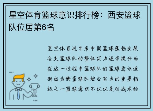 星空体育篮球意识排行榜：西安篮球队位居第6名