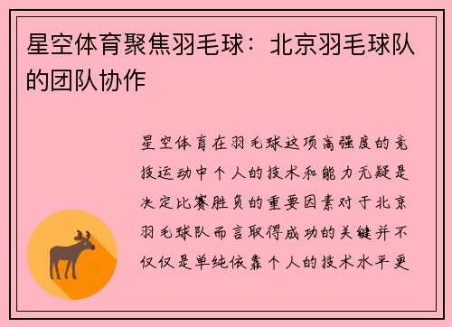 星空体育聚焦羽毛球：北京羽毛球队的团队协作